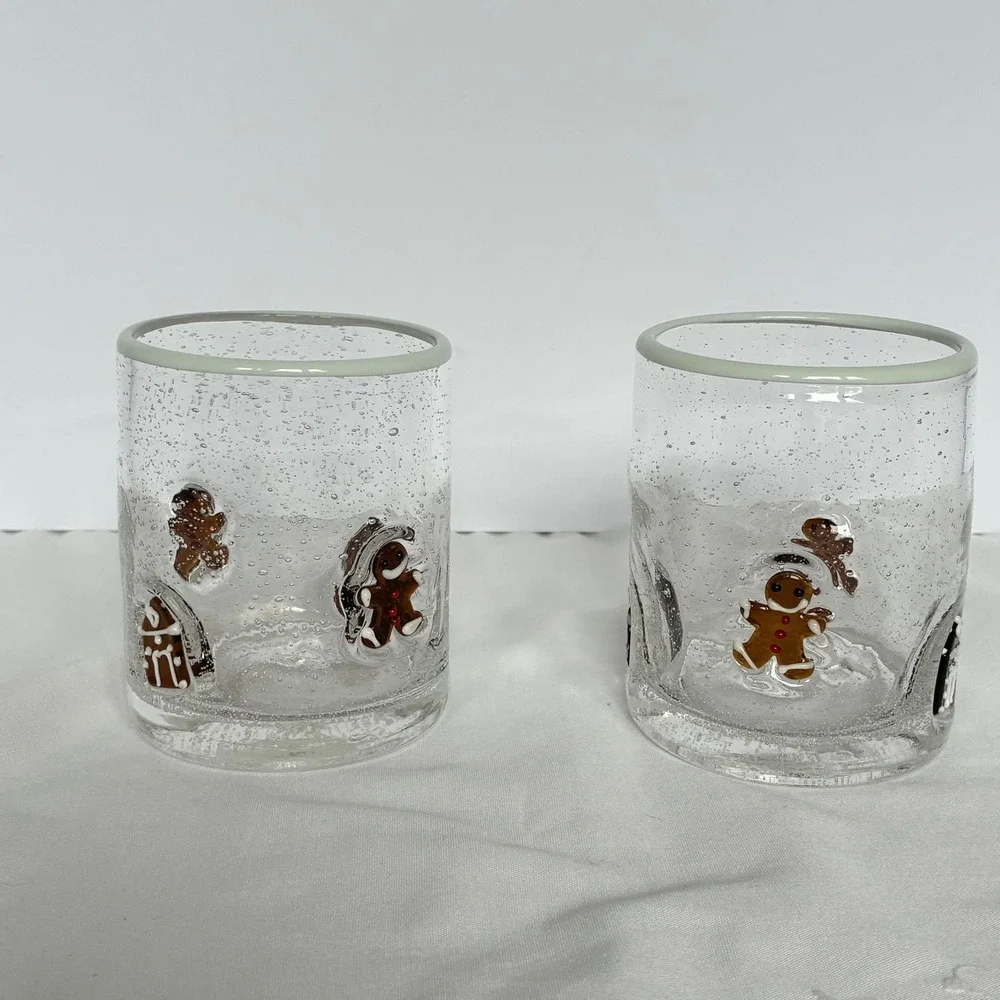 Pottery Barn Icon Tumbler Set Gingerbread Man Seeded Glass Holiday Xmas Cottage